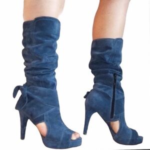 Just Dropped! Clemente Blue Suede Open Toe Knee Heeled Boots Size 5